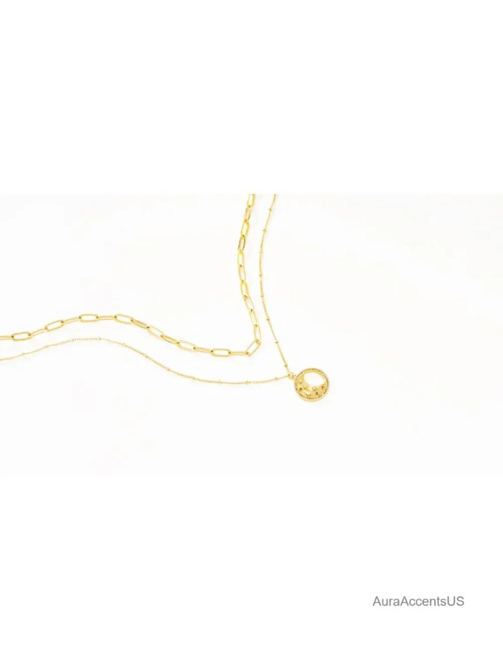 14K Gold Plated Layered Coin Pendant Necklace Set with Moon Phases Dainty